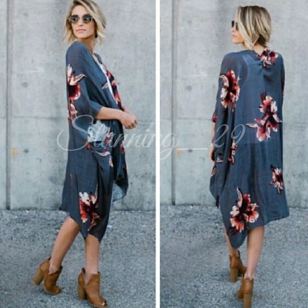 🆕BOHO CHARCOAL FLORAL KIMONO DUSTER